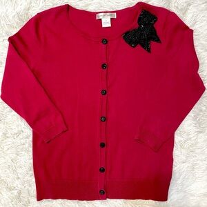 Unique blood red August Silk button up cardigan big crystal bow 3/4 Sleeve small